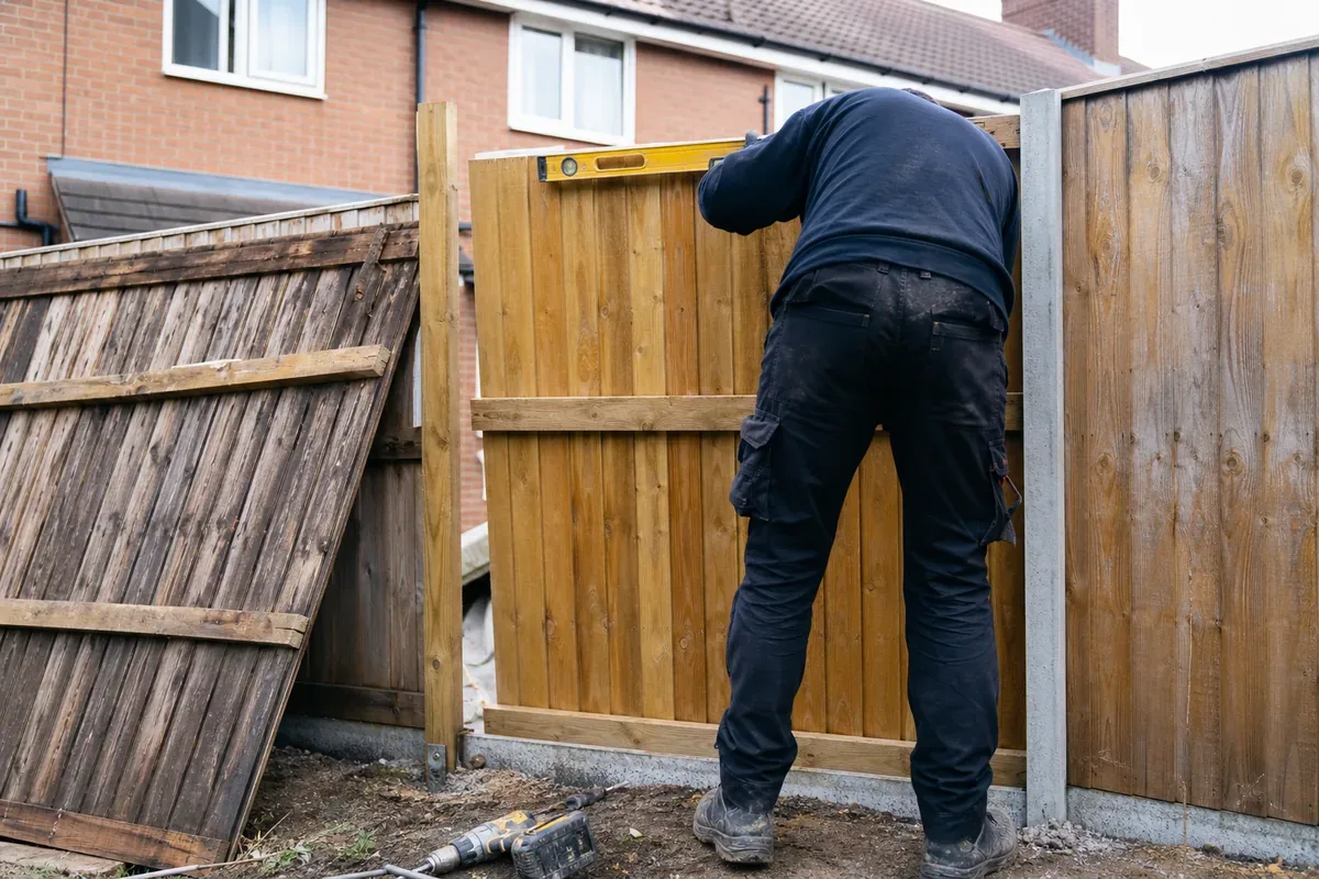 Damaged garden fence being repaired in Wolverhampton